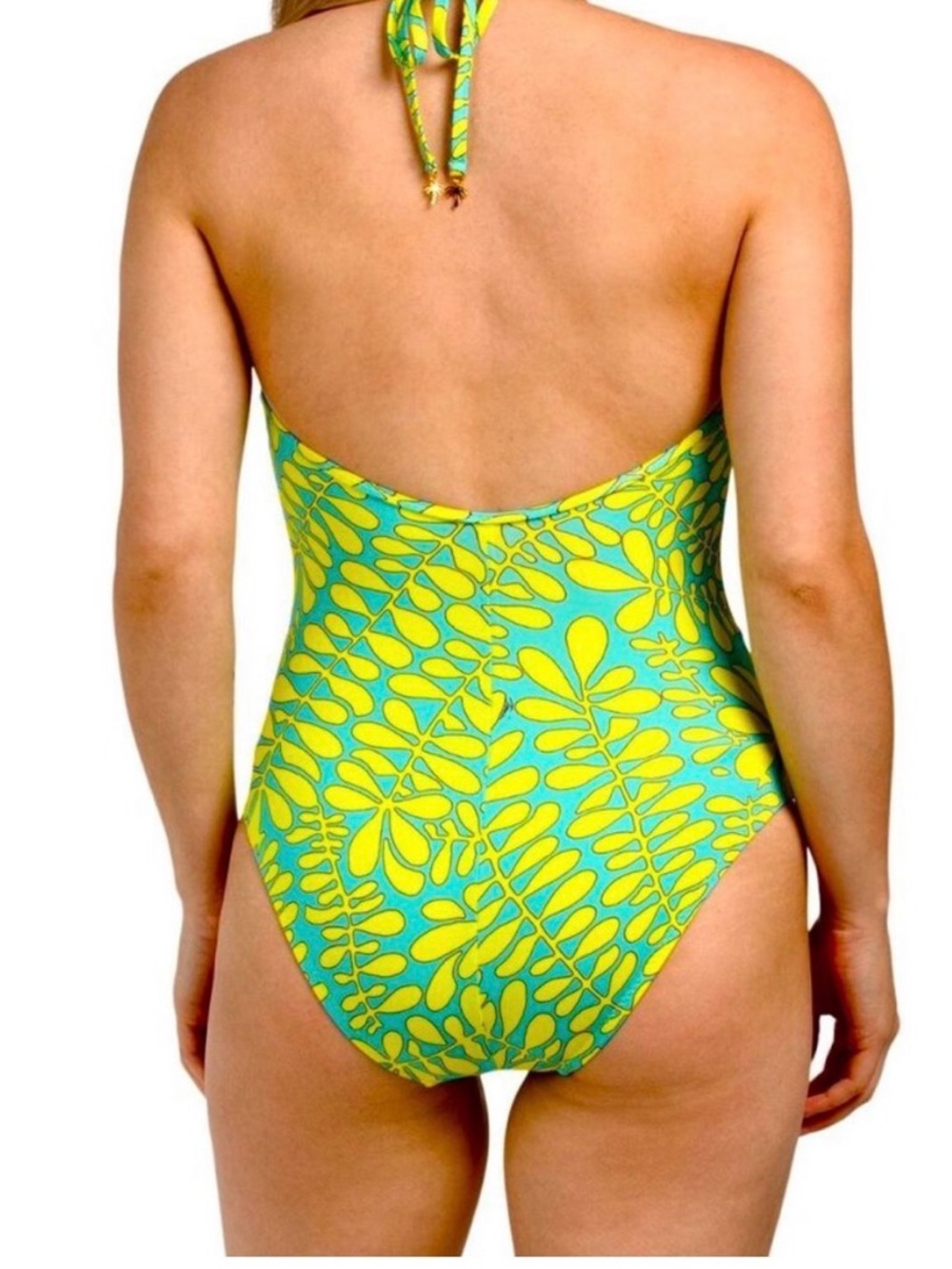 Trina Turk Teal and Lime Yellow Leaf-Print One-Piece Retro Swimsuit Size 10 - Picture 2 of 11
